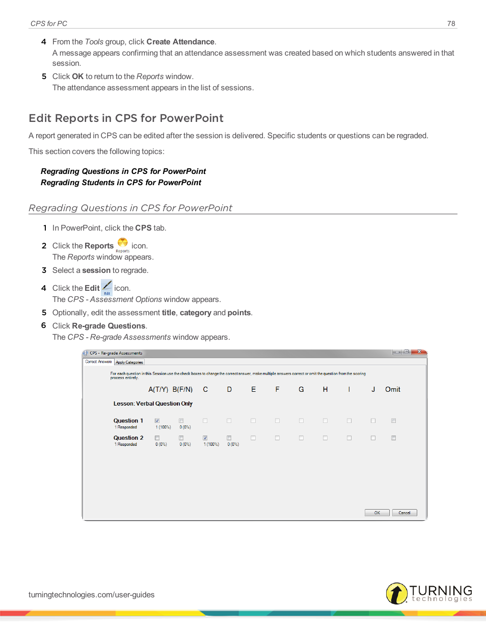Edit reports in cps for powerpoint, Regrading questions in cps for powerpoint | Turning Technologies CPS User Manual | Page 78 / 106
