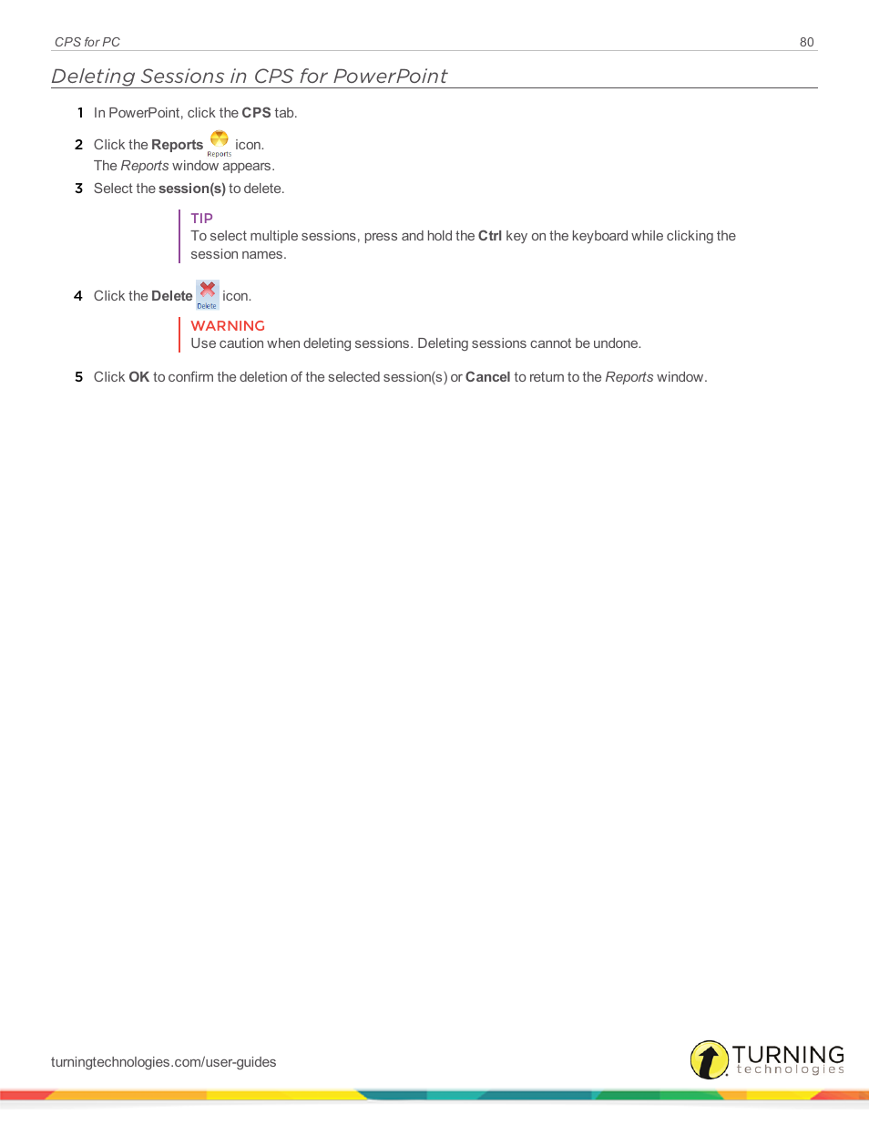 Deleting sessions in cps for powerpoint | Turning Technologies CPS User Manual | Page 80 / 106