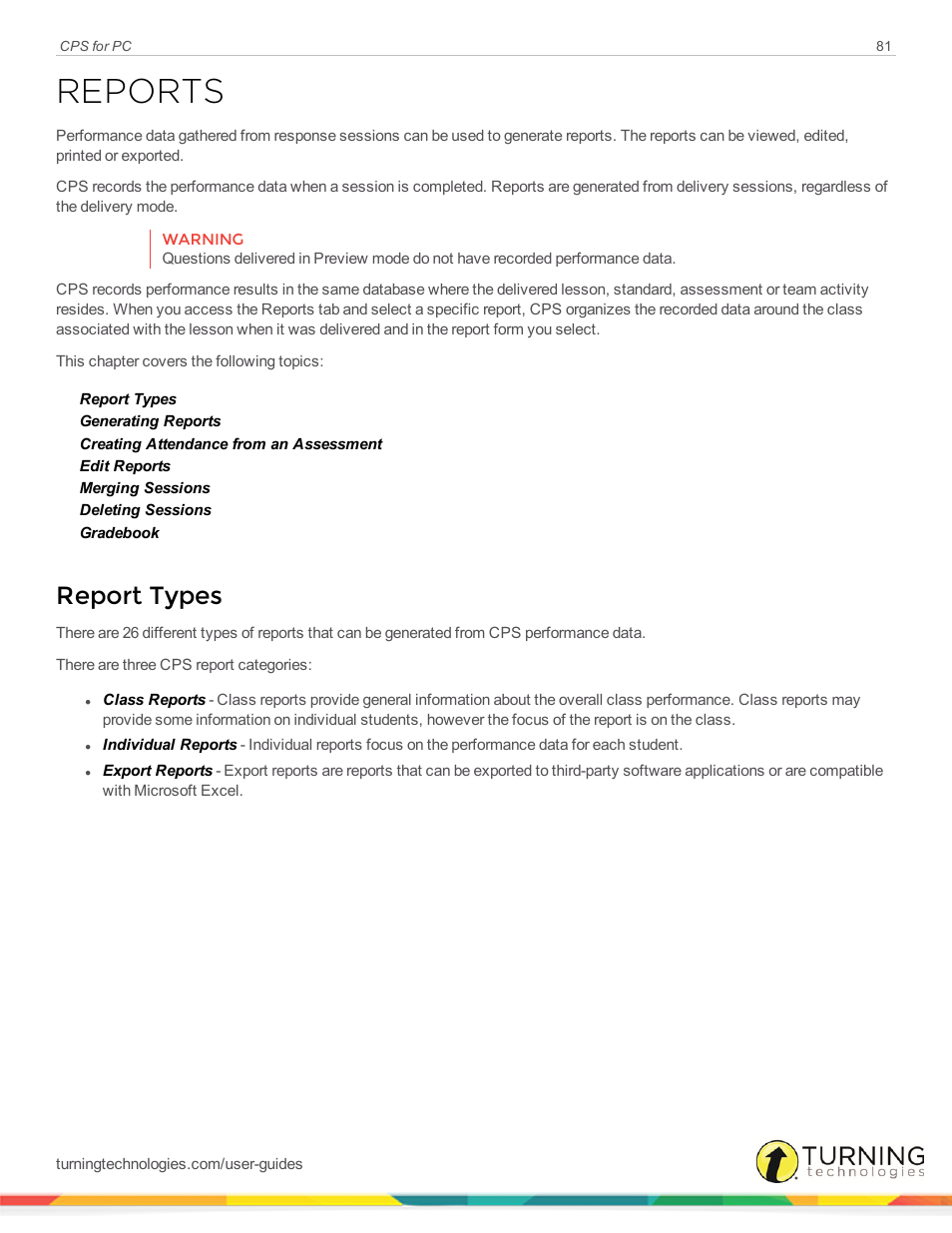 Reports, Report types | Turning Technologies CPS User Manual | Page 81 / 106