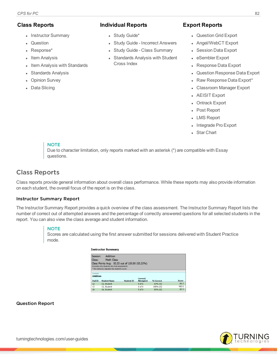 Class reports, Class reports individual reports export reports | Turning Technologies CPS User Manual | Page 82 / 106