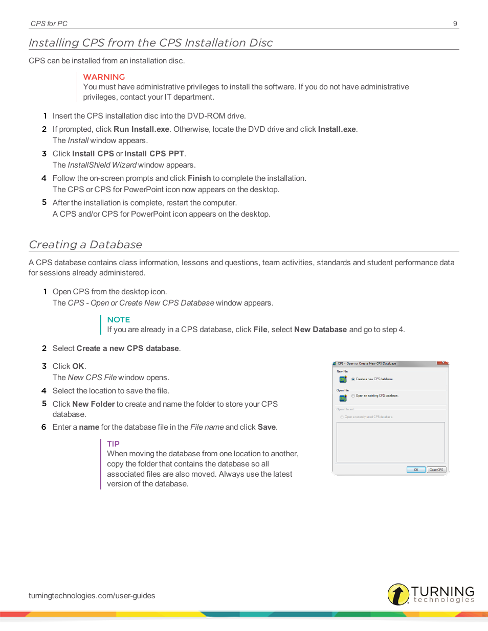 Installing cps from the cps installation disc, Creating a database | Turning Technologies CPS User Manual | Page 9 / 106