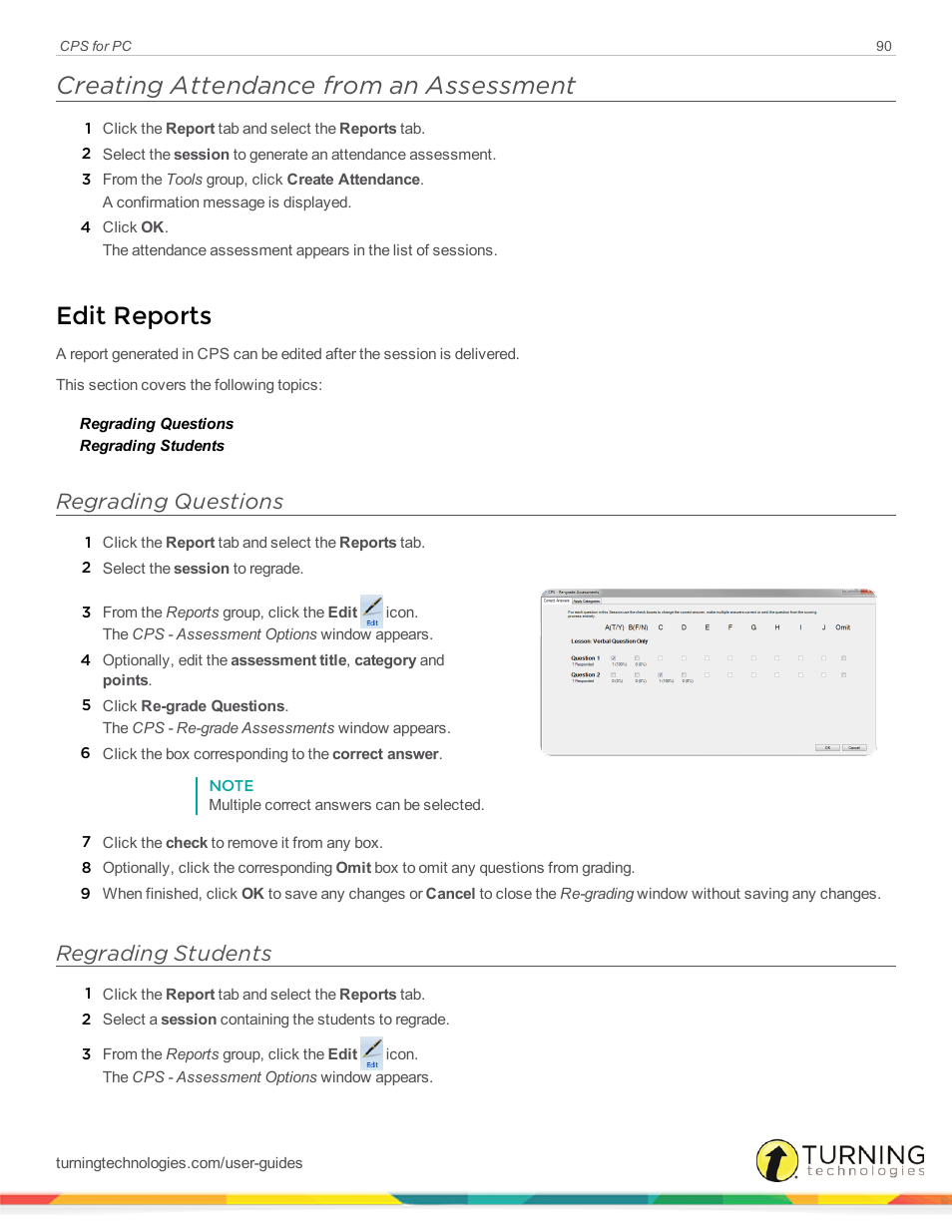 Creating attendance from an assessment, Edit reports, Regrading questions | Regrading students | Turning Technologies CPS User Manual | Page 90 / 106