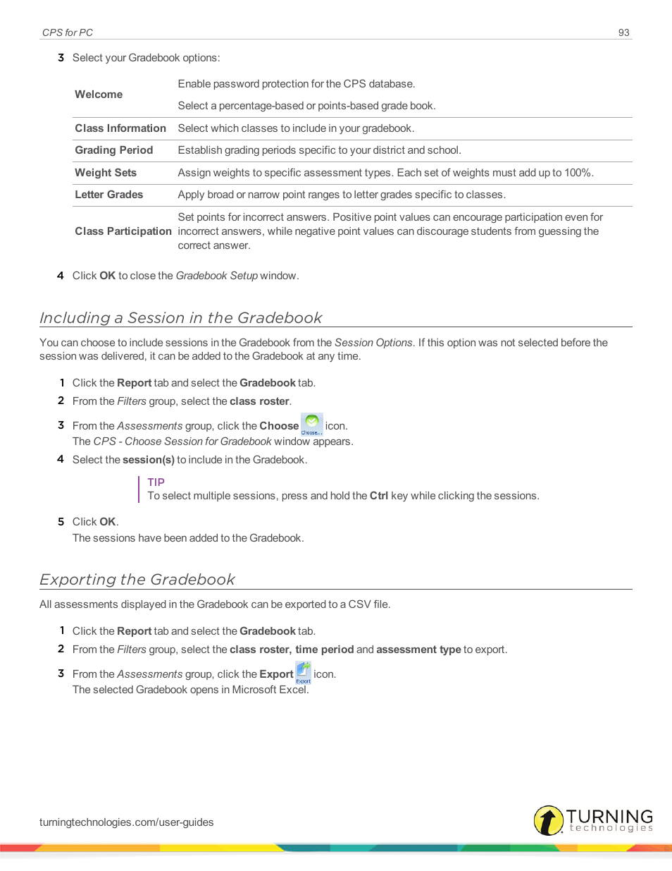 Including a session in the gradebook, Exporting the gradebook | Turning Technologies CPS User Manual | Page 93 / 106