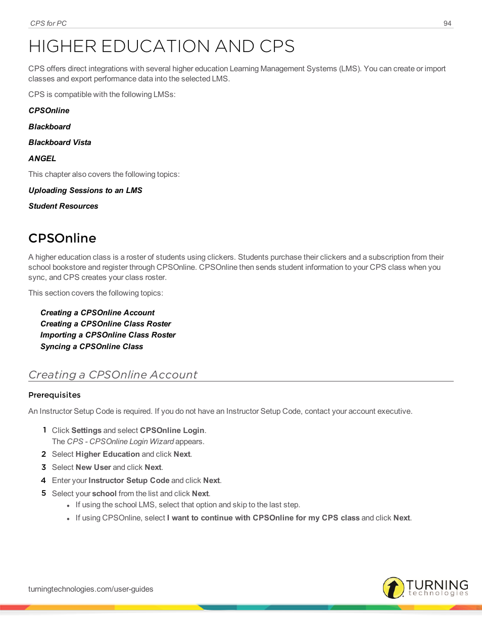 Higher education and cps, Cpsonline, Creating a cpsonline account | Turning Technologies CPS User Manual | Page 94 / 106