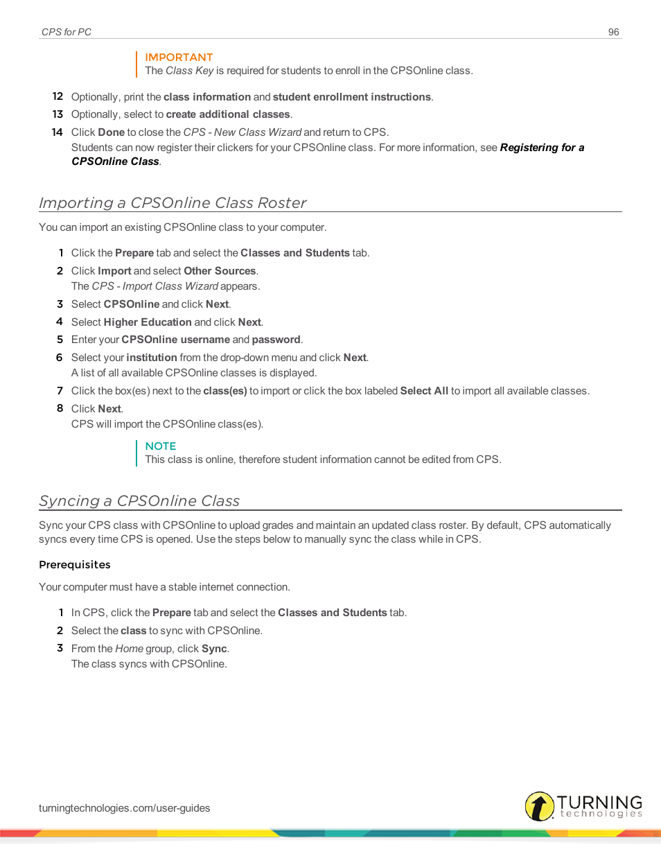 Importing a cpsonline class roster, Syncing a cpsonline class | Turning Technologies CPS User Manual | Page 96 / 106