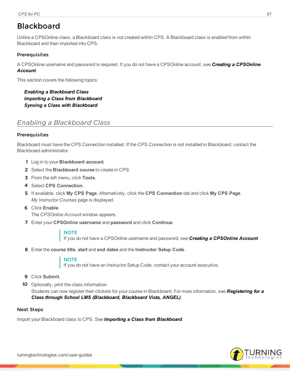 Blackboard, Enabling a blackboard class | Turning Technologies CPS User Manual | Page 97 / 106