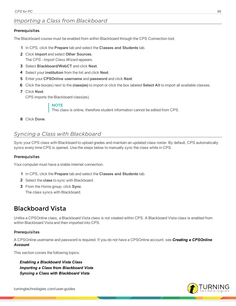 Importing a class from blackboard, Syncing a class with blackboard, Blackboard vista | Turning Technologies CPS User Manual | Page 98 / 106