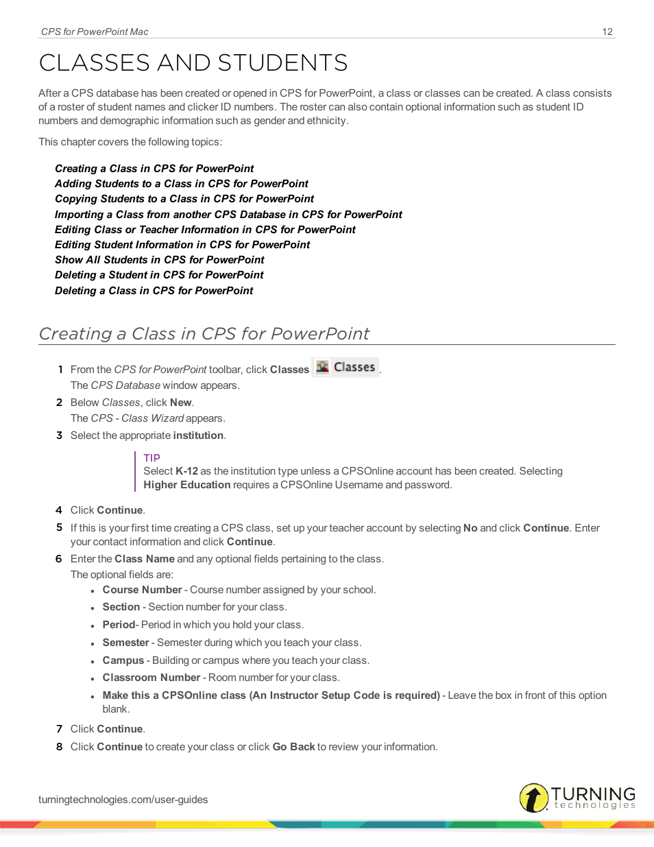 Classes and students, Creating a class in cps for powerpoint | Turning Technologies CPS User Manual | Page 12 / 31