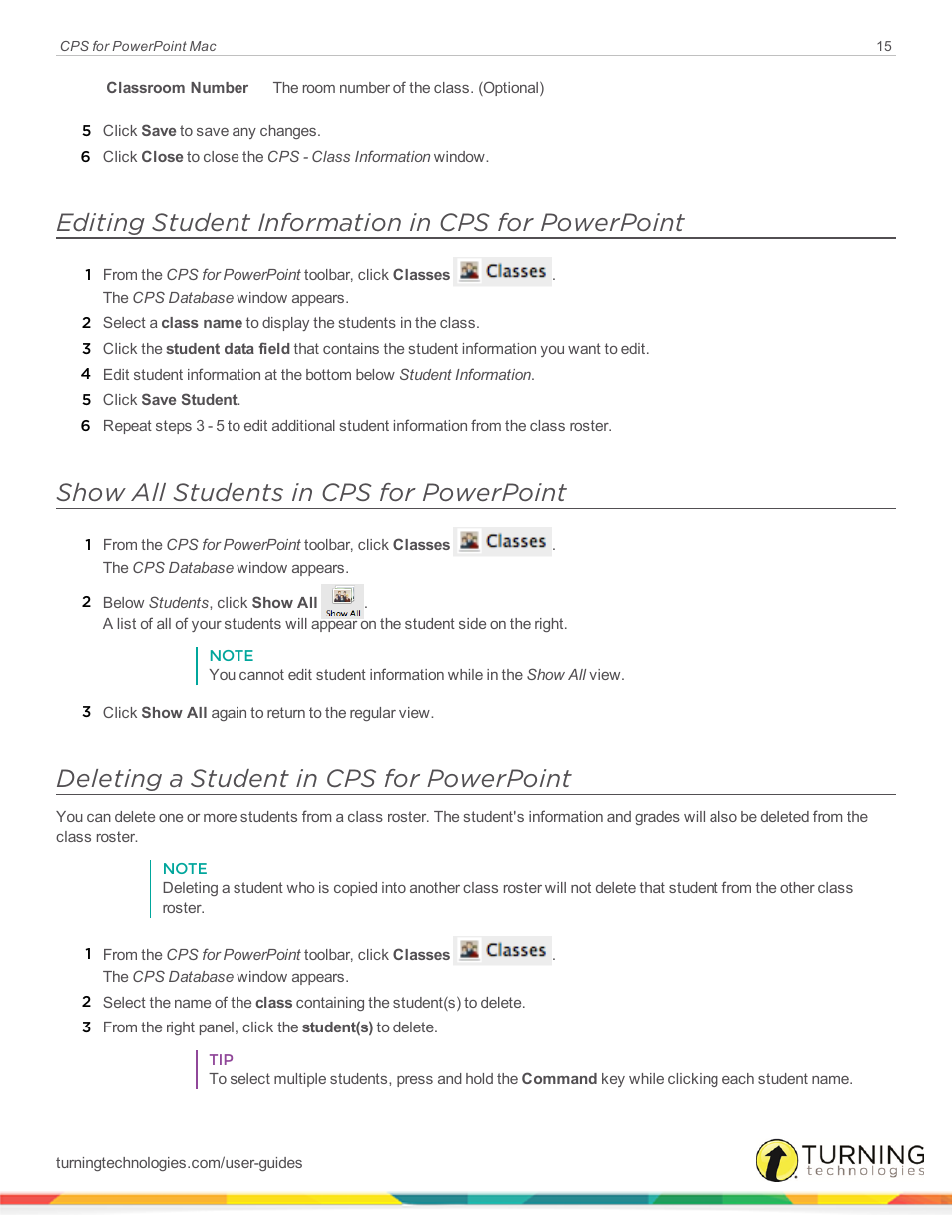 Editing student information in cps for powerpoint, Show all students in cps for powerpoint, Deleting a student in cps for powerpoint | Turning Technologies CPS User Manual | Page 15 / 31