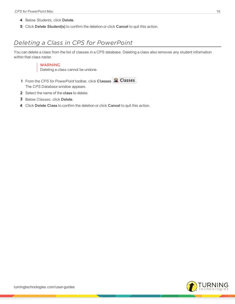 Deleting a class in cps for powerpoint | Turning Technologies CPS User Manual | Page 16 / 31