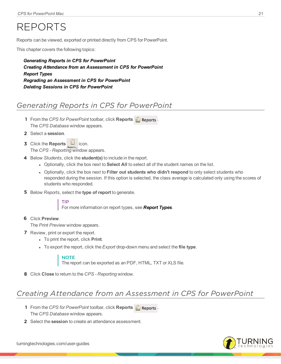 Reports, Generating reports in cps for powerpoint | Turning Technologies CPS User Manual | Page 21 / 31