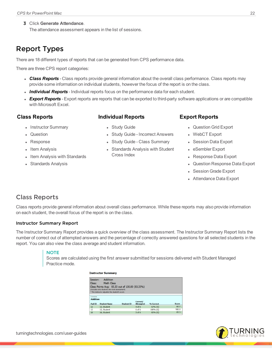 Report types, Class reports, Class reports individual reports export reports | Turning Technologies CPS User Manual | Page 22 / 31
