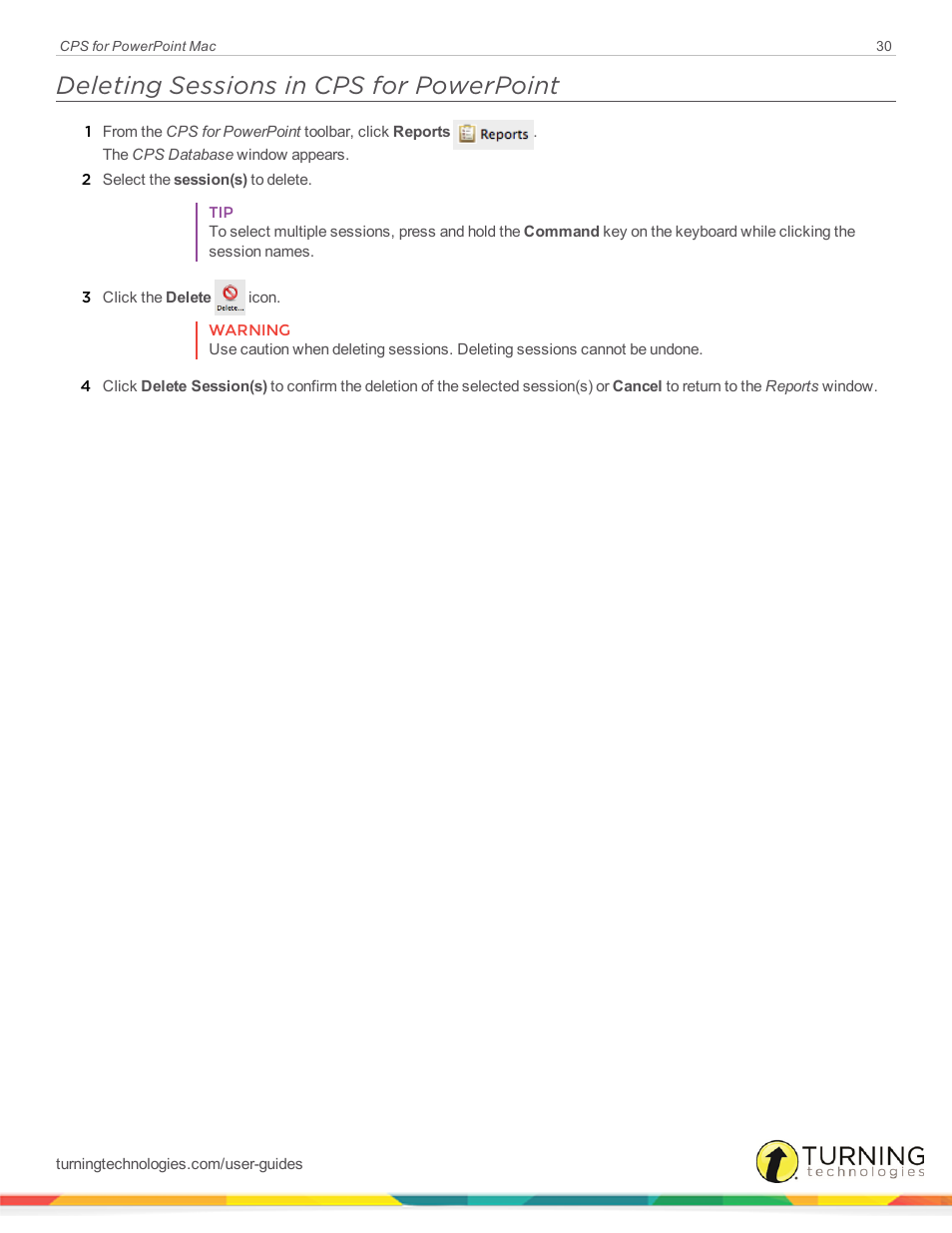 Deleting sessions in cps for powerpoint | Turning Technologies CPS User Manual | Page 30 / 31