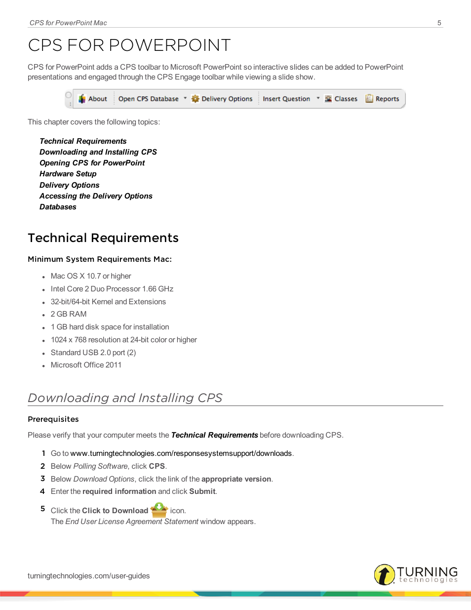 Cps for powerpoint, Technical requirements, Downloading and installing cps | Turning Technologies CPS User Manual | Page 5 / 31