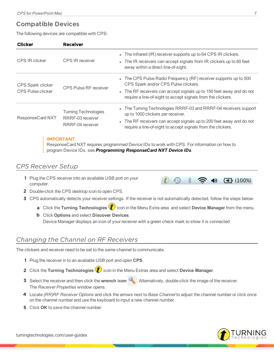 Compatible devices, Cps receiver setup, Changing the channel on rf receivers | Turning Technologies CPS User Manual | Page 7 / 31