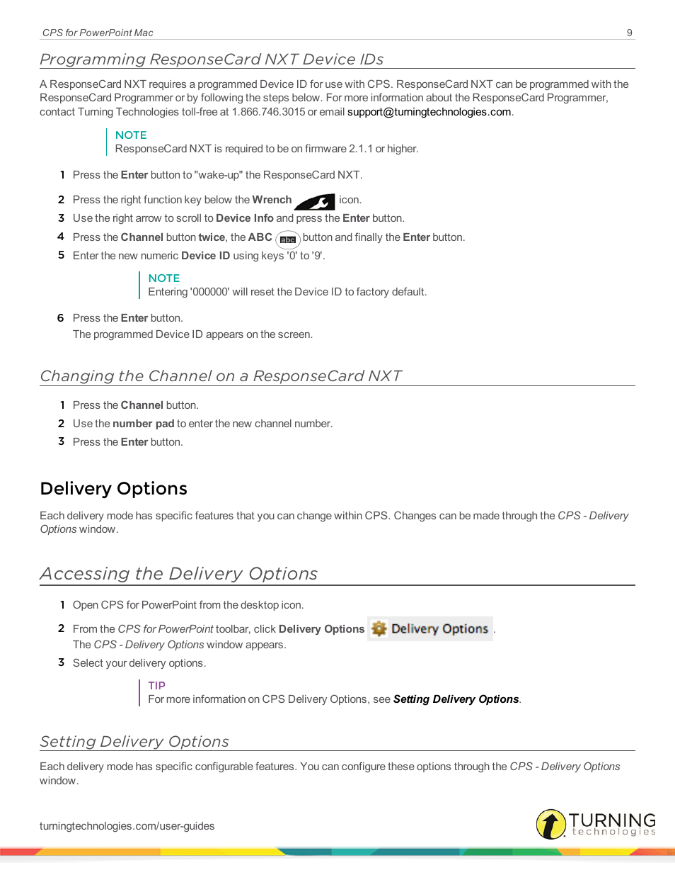 Programming responsecard nxt device ids, Changing the channel on a responsecard nxt, Delivery options | Accessing the delivery options, Setting delivery options | Turning Technologies CPS User Manual | Page 9 / 31