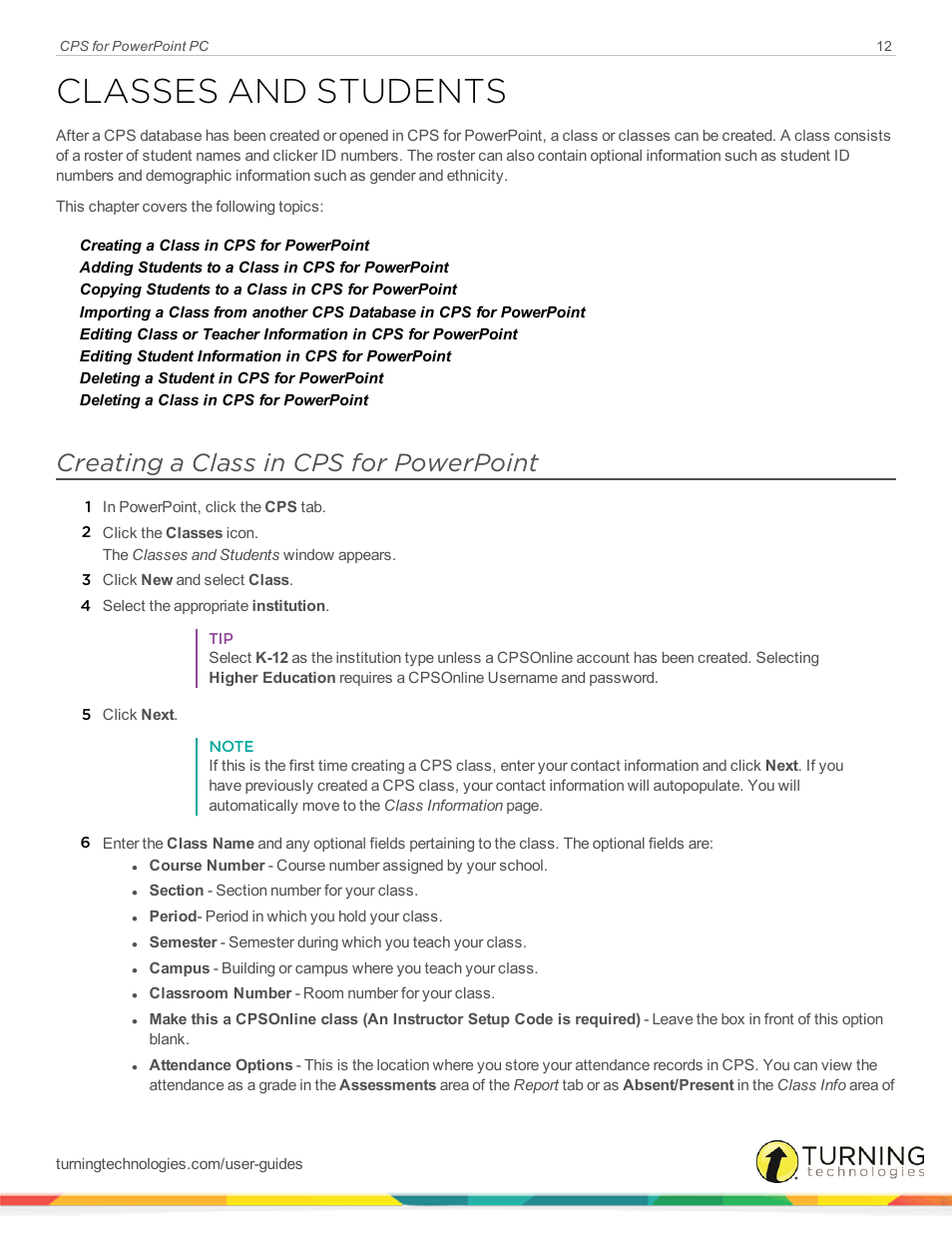 Classes and students, Creating a class in cps for powerpoint | Turning Technologies CPS User Manual | Page 12 / 35