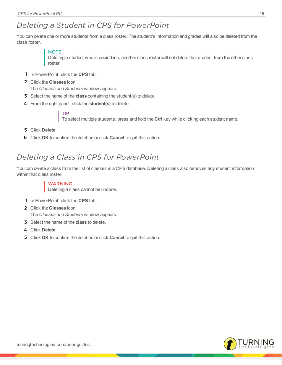 Deleting a student in cps for powerpoint, Deleting a class in cps for powerpoint | Turning Technologies CPS User Manual | Page 16 / 35