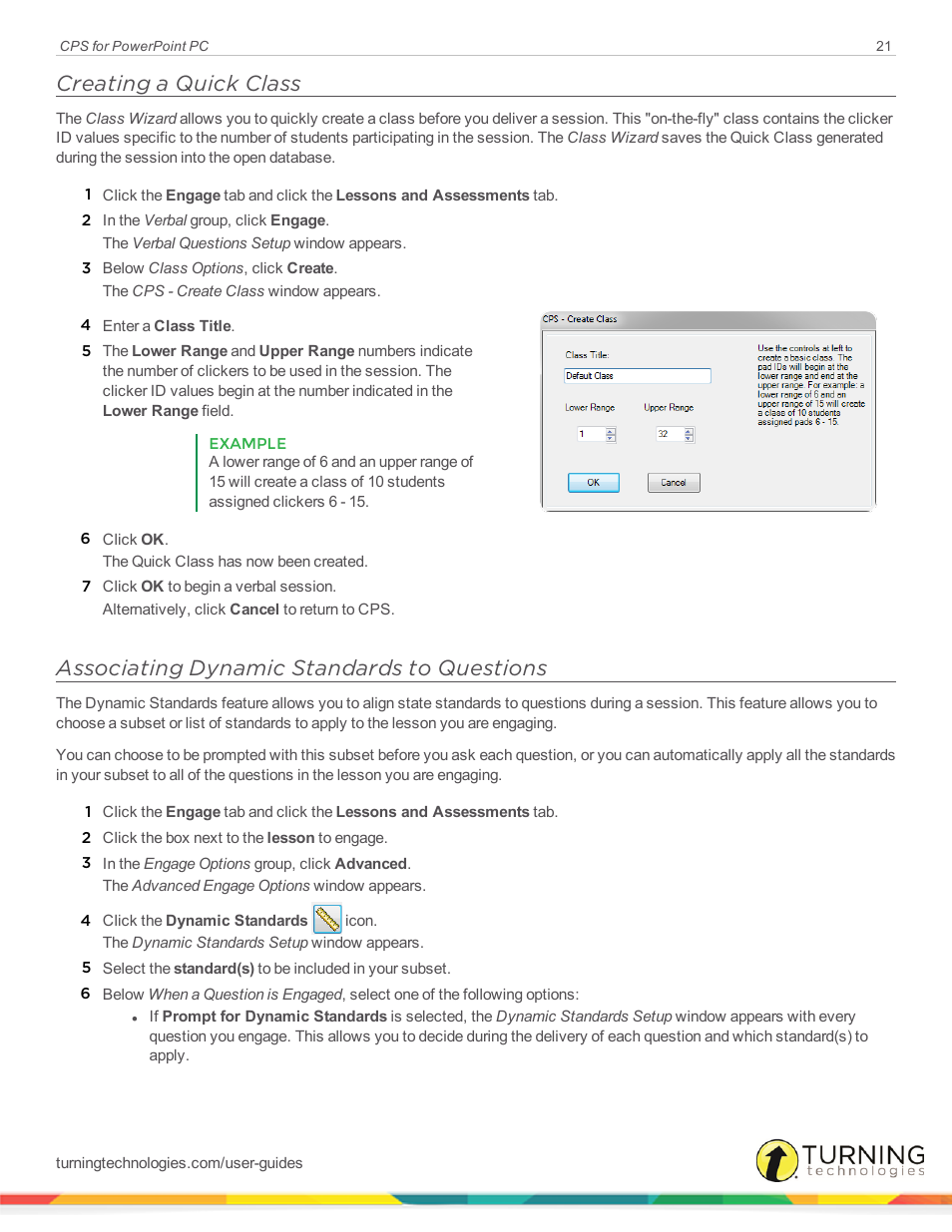 Creating a quick class, Associating dynamic standards to questions, Associating dynamic | Standards to questions | Turning Technologies CPS User Manual | Page 21 / 35
