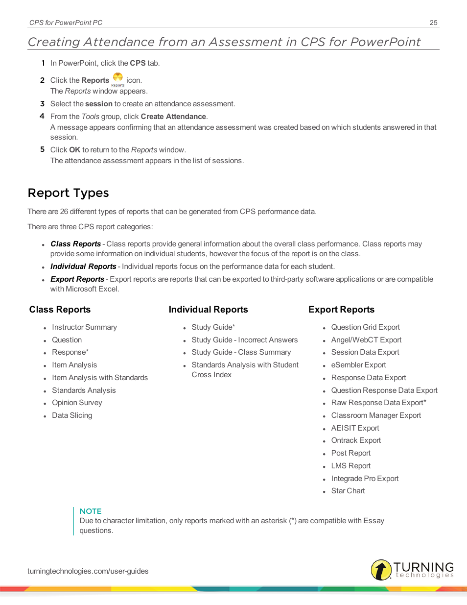 Report types, Class reports individual reports export reports | Turning Technologies CPS User Manual | Page 25 / 35