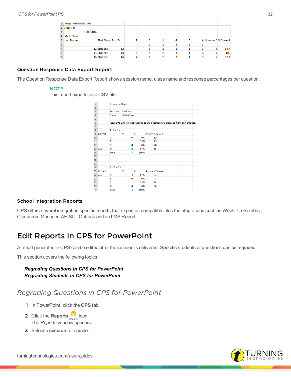 Edit reports in cps for powerpoint, Regrading questions in cps for powerpoint | Turning Technologies CPS User Manual | Page 32 / 35