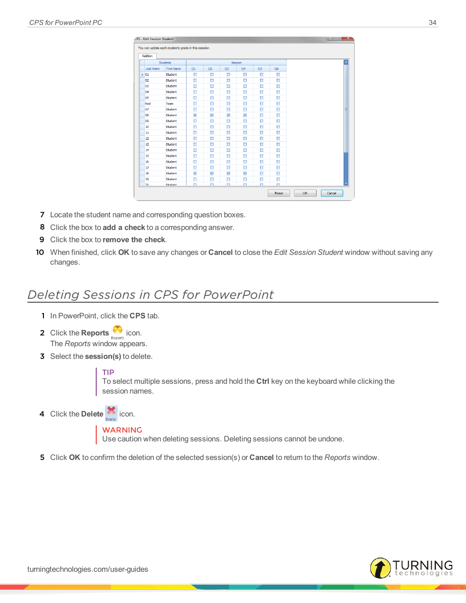 Deleting sessions in cps for powerpoint | Turning Technologies CPS User Manual | Page 34 / 35