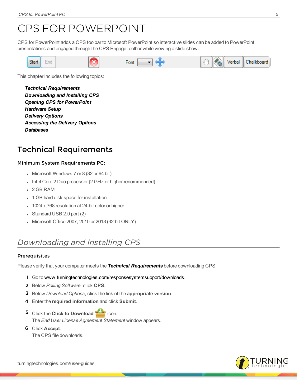 Cps for powerpoint, Technical requirements, Downloading and installing cps | Turning Technologies CPS User Manual | Page 5 / 35