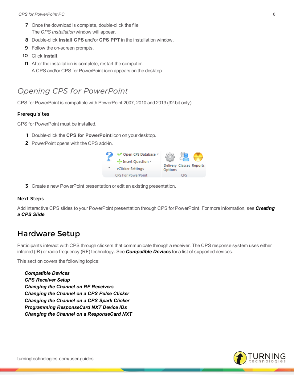 Opening cps for powerpoint, Hardware setup | Turning Technologies CPS User Manual | Page 6 / 35