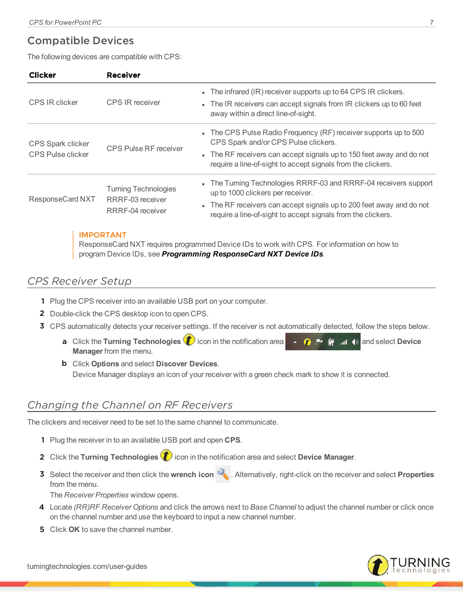 Compatible devices, Cps receiver setup, Changing the channel on rf receivers | Turning Technologies CPS User Manual | Page 7 / 35