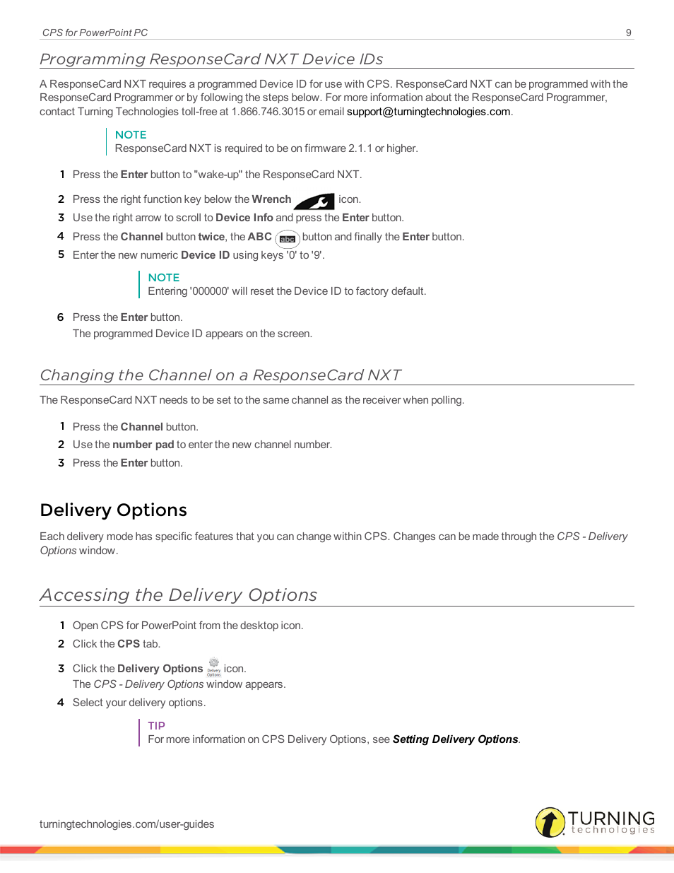 Programming responsecard nxt device ids, Changing the channel on a responsecard nxt, Delivery options | Accessing the delivery options | Turning Technologies CPS User Manual | Page 9 / 35