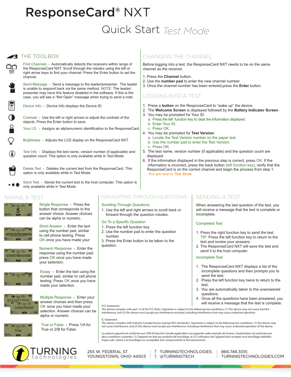 Responsecard® nxt, Quick start, Test mode | Changing the channel, Logging into a test, Taking a test, Sending a test, The toolbox, Navigating through questions | Turning Technologies NXT 2.1.1 User Manual | Page 2 / 2