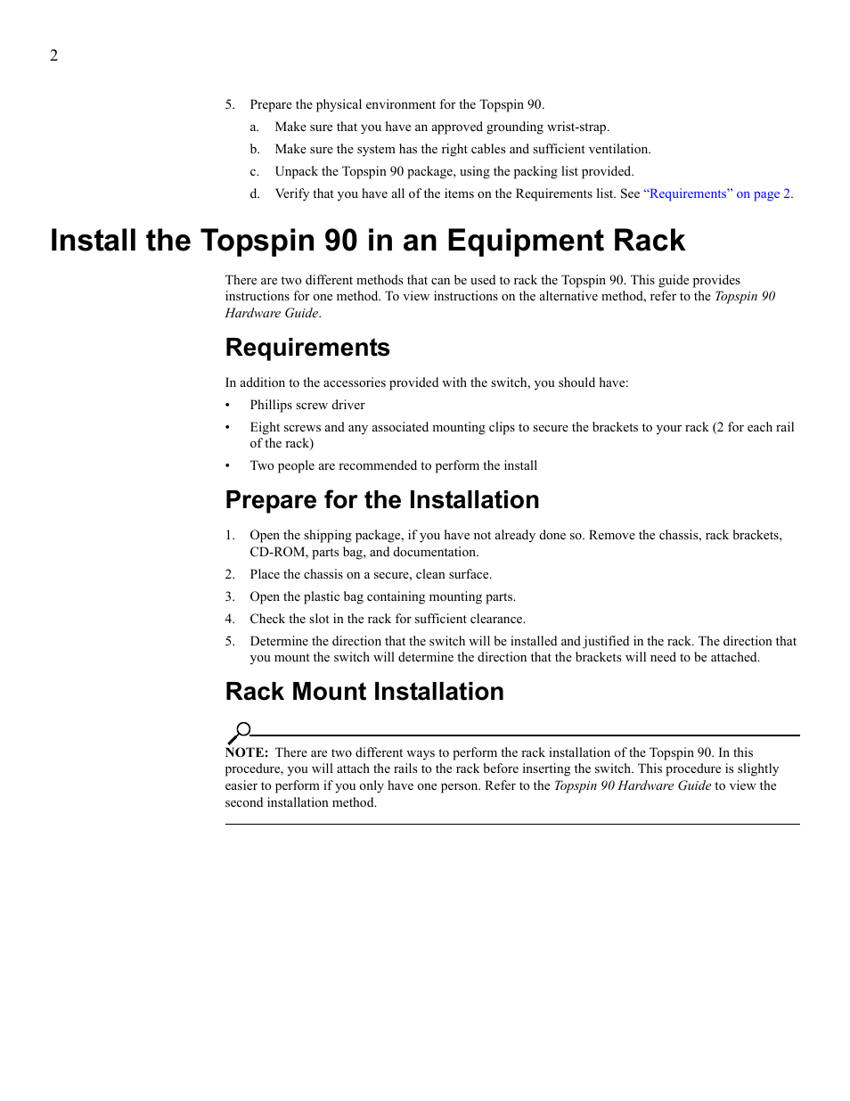 Install the topspin 90 in an equipment rack, Requirements, Prepare for the installation | Rack mount installation | Cisco TOPSPIN SFS 3001 User Manual | Page 10 / 30