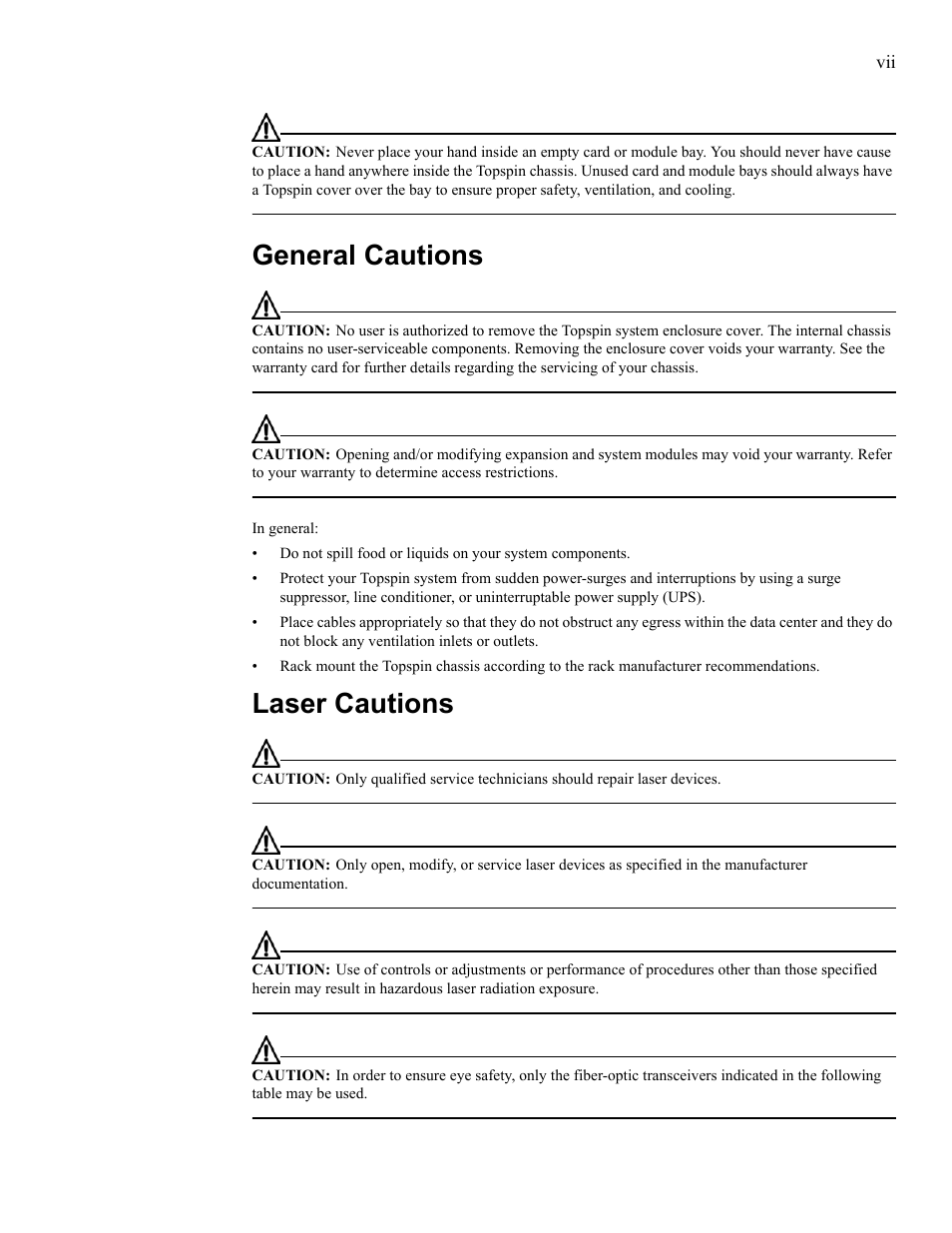 General cautions, Laser cautions | Cisco TOPSPIN SFS 3001 User Manual | Page 7 / 30