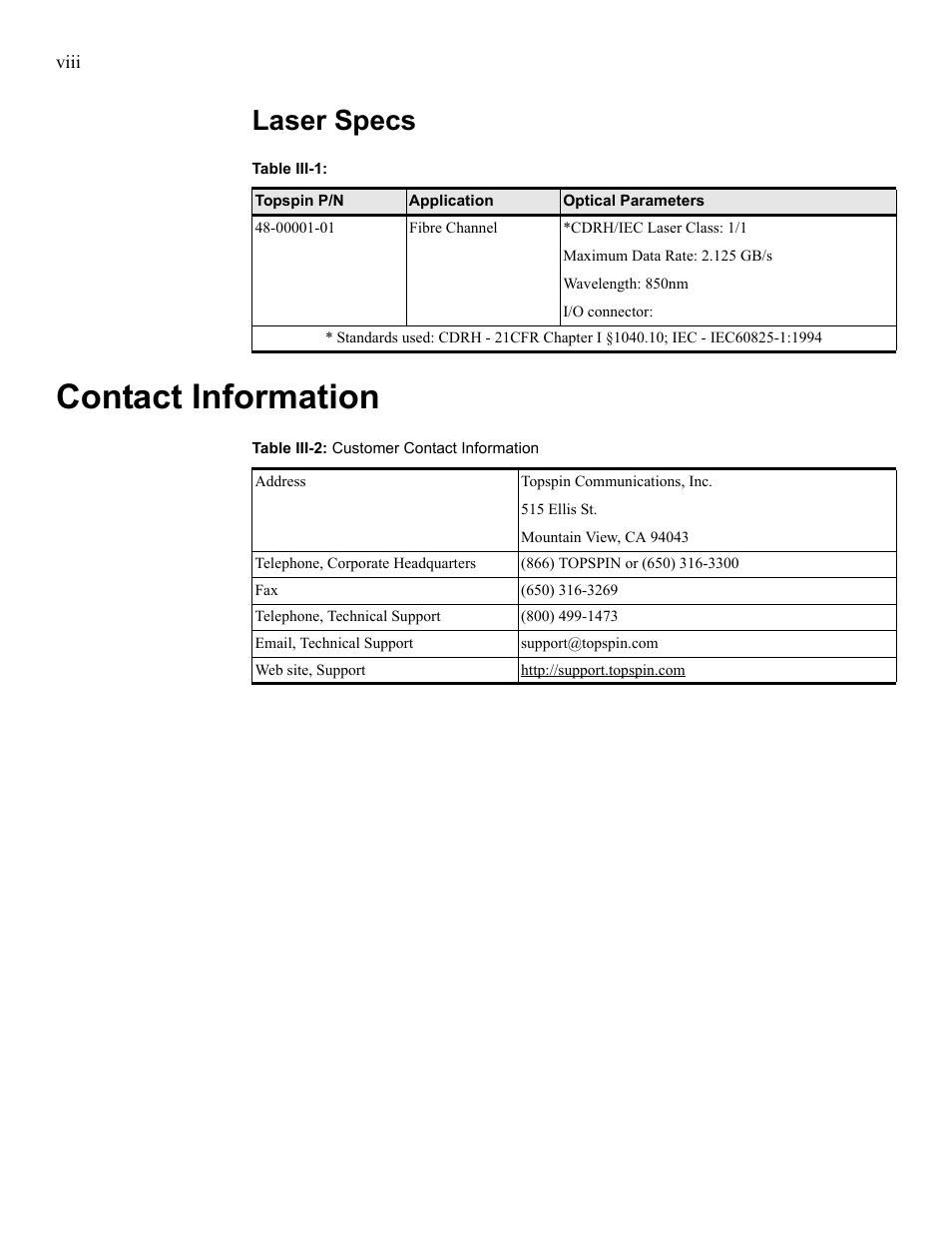 Laser specs, Contact information | Cisco TOPSPIN SFS 3001 User Manual | Page 8 / 30