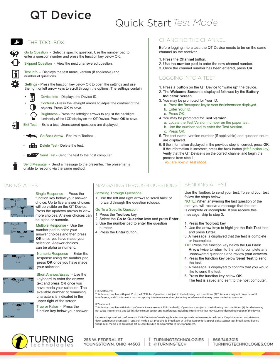 Qt device, Quick start, Test mode | Changing the channel, Logging into a test, Taking a test, Sending a test, The toolbox | Turning Technologies QT Device User Manual | Page 2 / 2