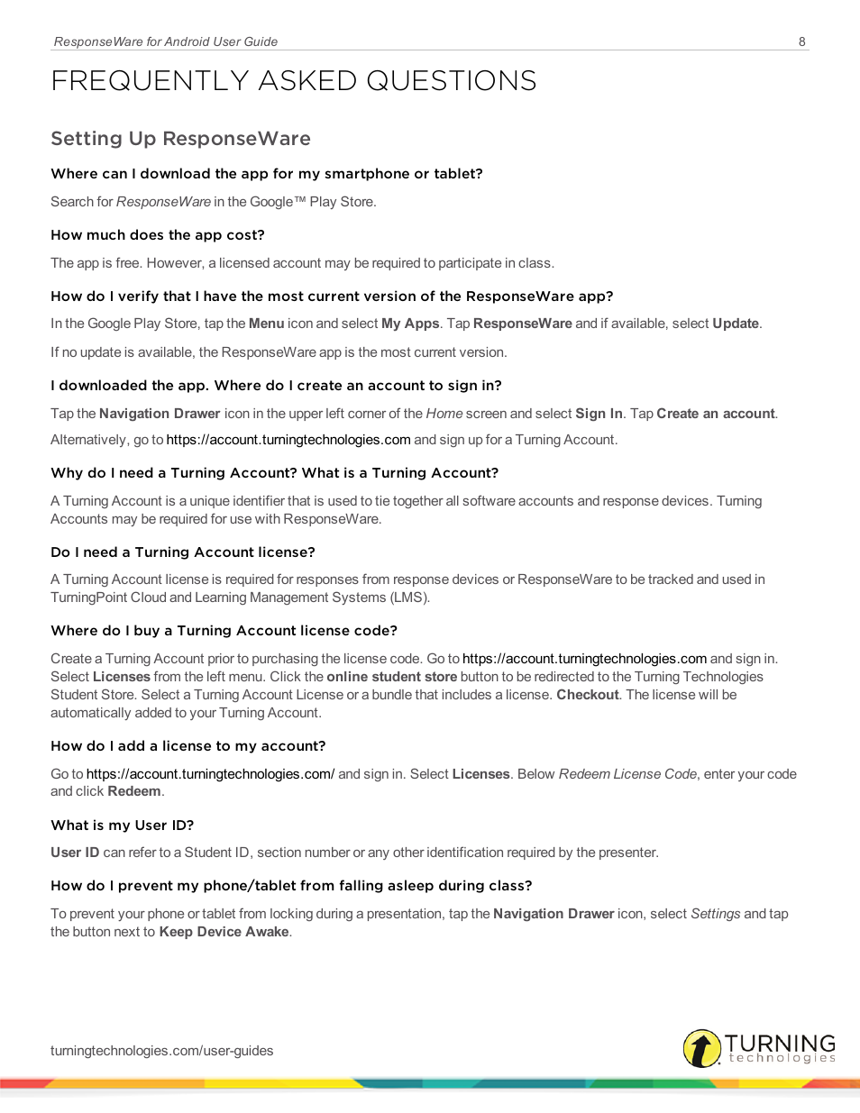 Frequently asked questions, Setting up responseware | Turning Technologies ResponseWare User Manual | Page 8 / 10