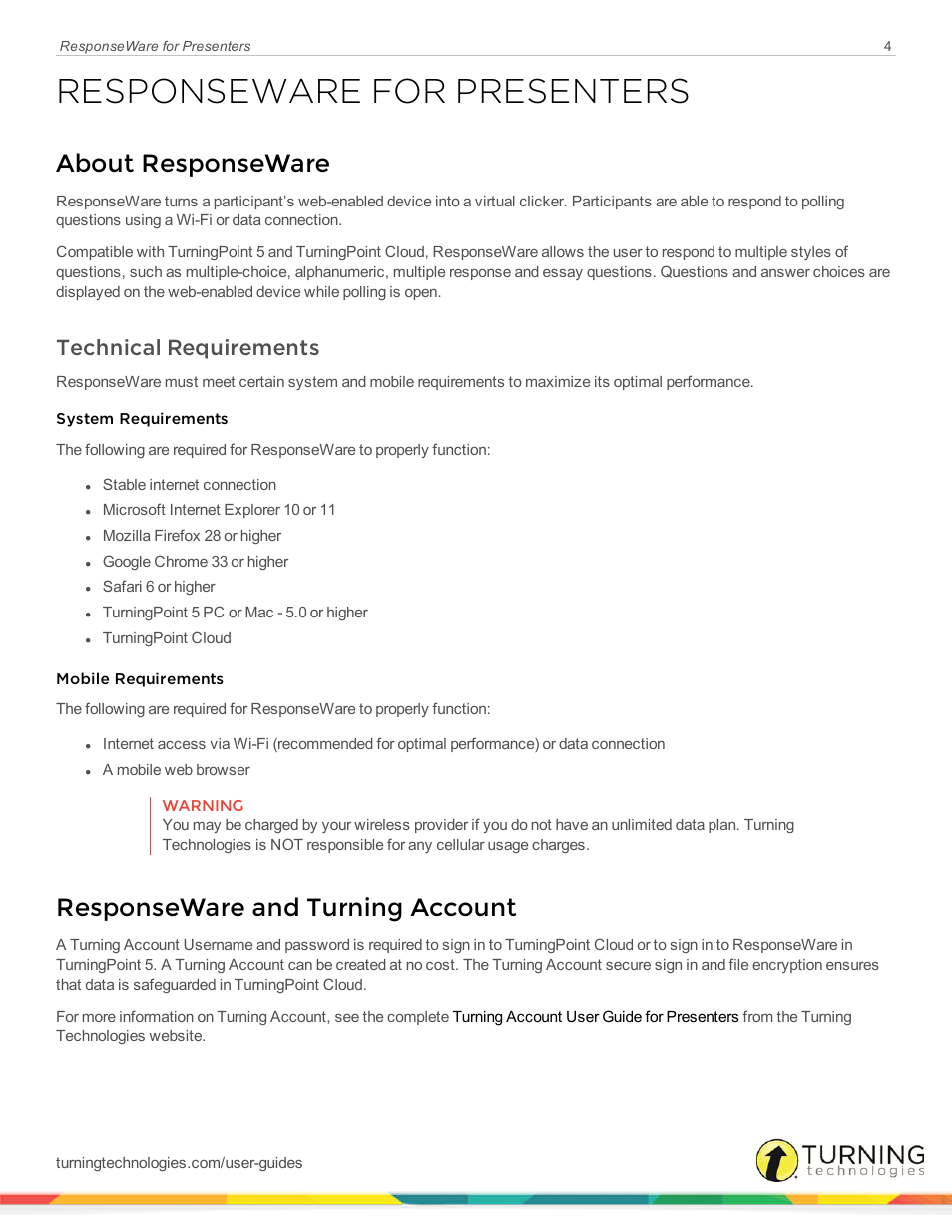 Responseware for presenters, About responseware, Technical requirements | Responseware and turning account | Turning Technologies ResponseWare User Manual | Page 4 / 12