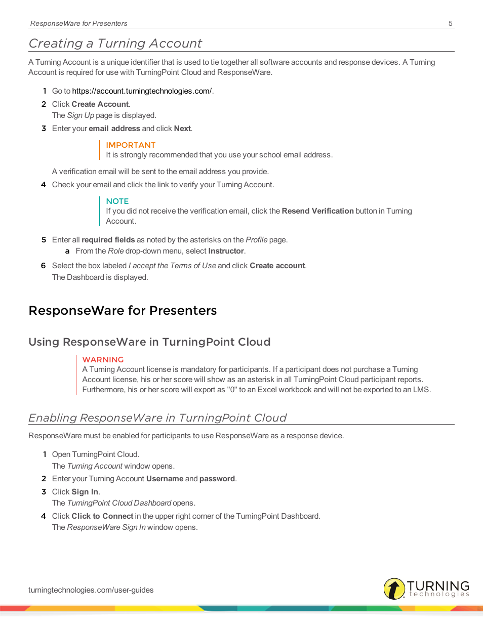 Creating a turning account, Responseware for presenters, Using responseware in turningpoint cloud | Enabling responseware in turningpoint cloud | Turning Technologies ResponseWare User Manual | Page 5 / 12