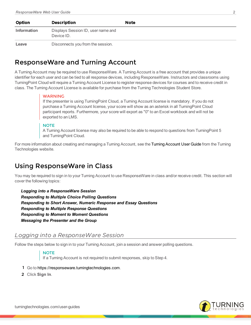 Responseware and turning account, Using responseware in class, Logging into a responseware session | Turning Technologies ResponseWare User Manual | Page 2 / 7