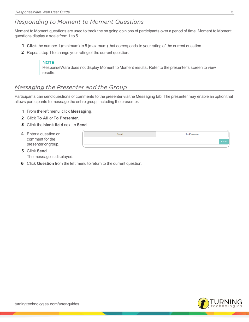 Responding to moment to moment questions, Messaging the presenter and the group | Turning Technologies ResponseWare User Manual | Page 5 / 7