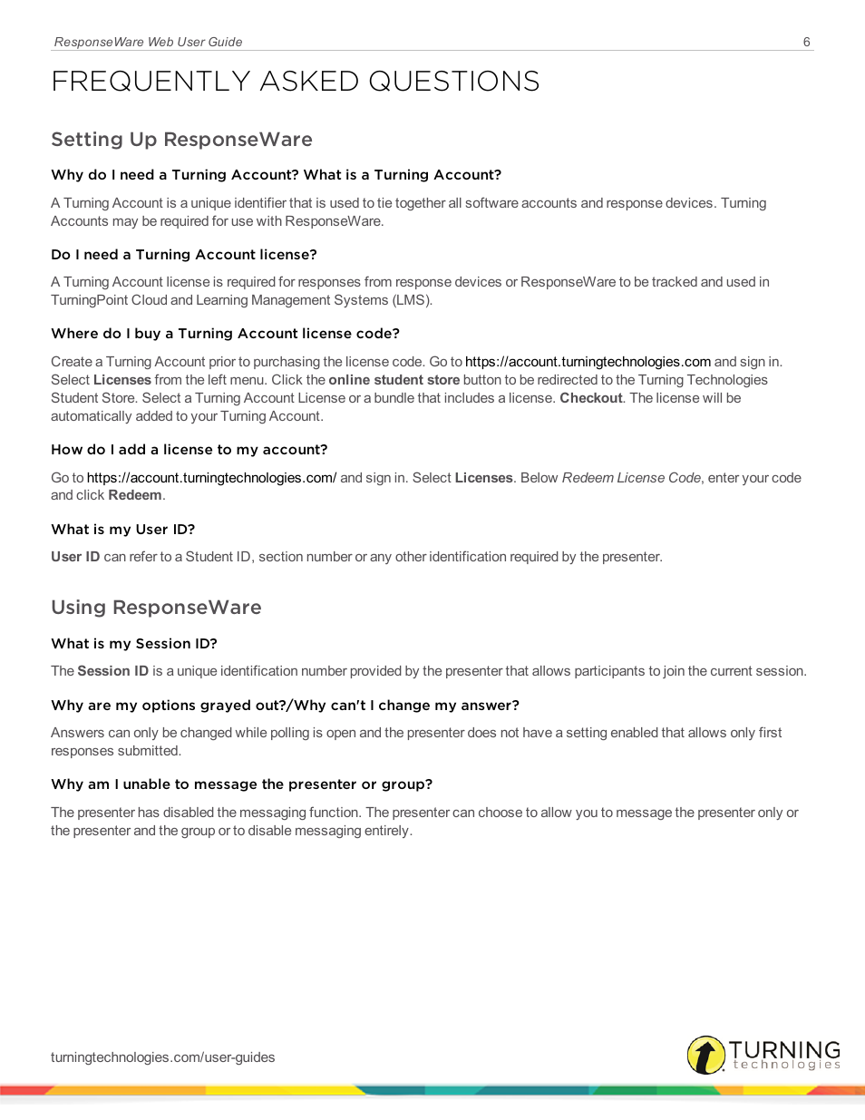 Frequently asked questions, Setting up responseware, Using responseware | Turning Technologies ResponseWare User Manual | Page 6 / 7