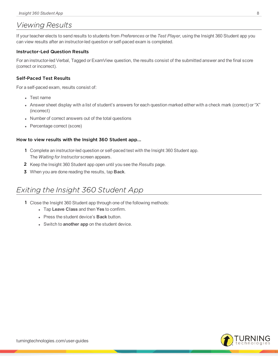 Viewing results, Exiting the insight 360 student app | Turning Technologies Android Student App User Manual | Page 8 / 9