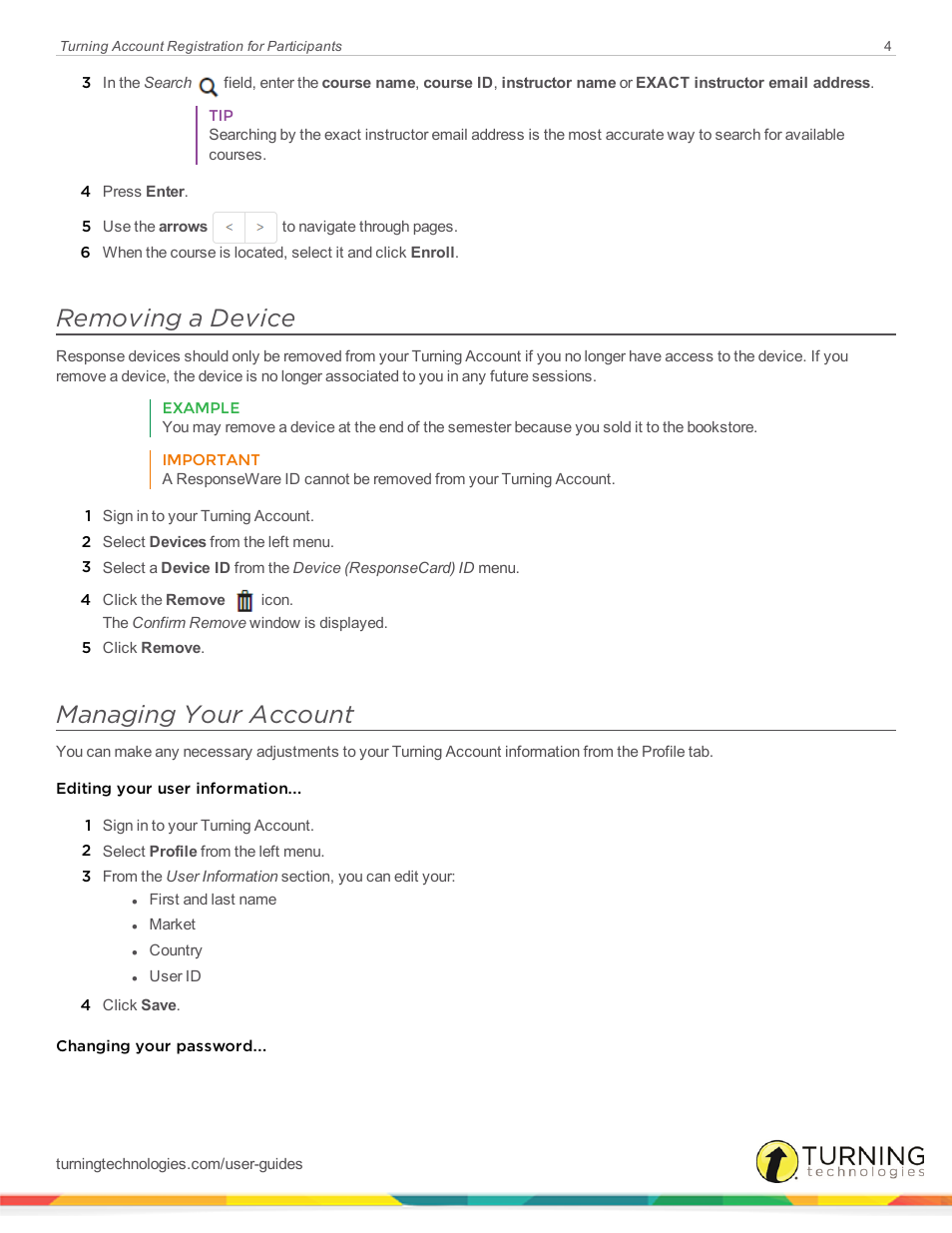 Removing a device, Managing your account | Turning Technologies Participants User Manual | Page 4 / 6
