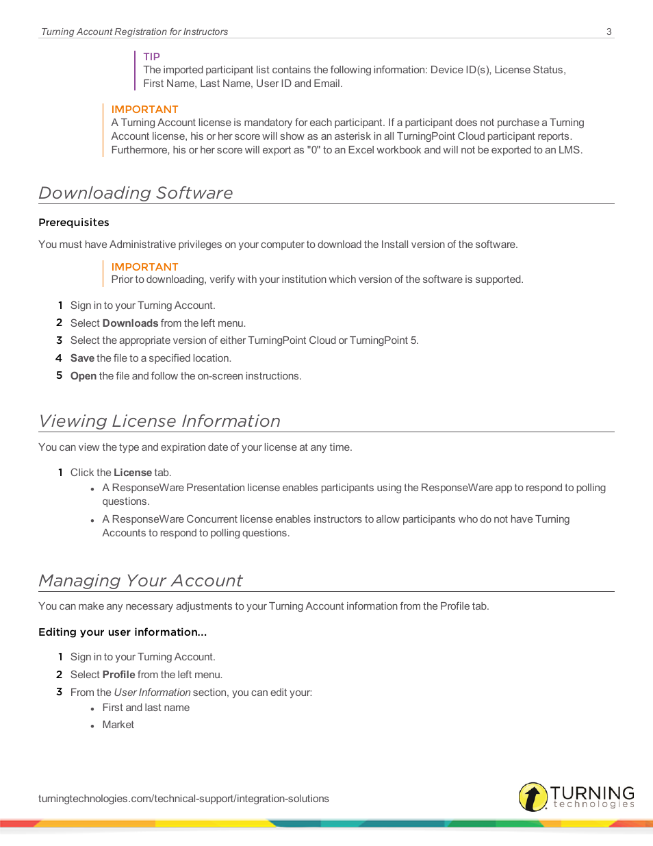 Downloading software, Viewing license information, Managing your account | Turning Technologies Presenters User Manual | Page 3 / 5