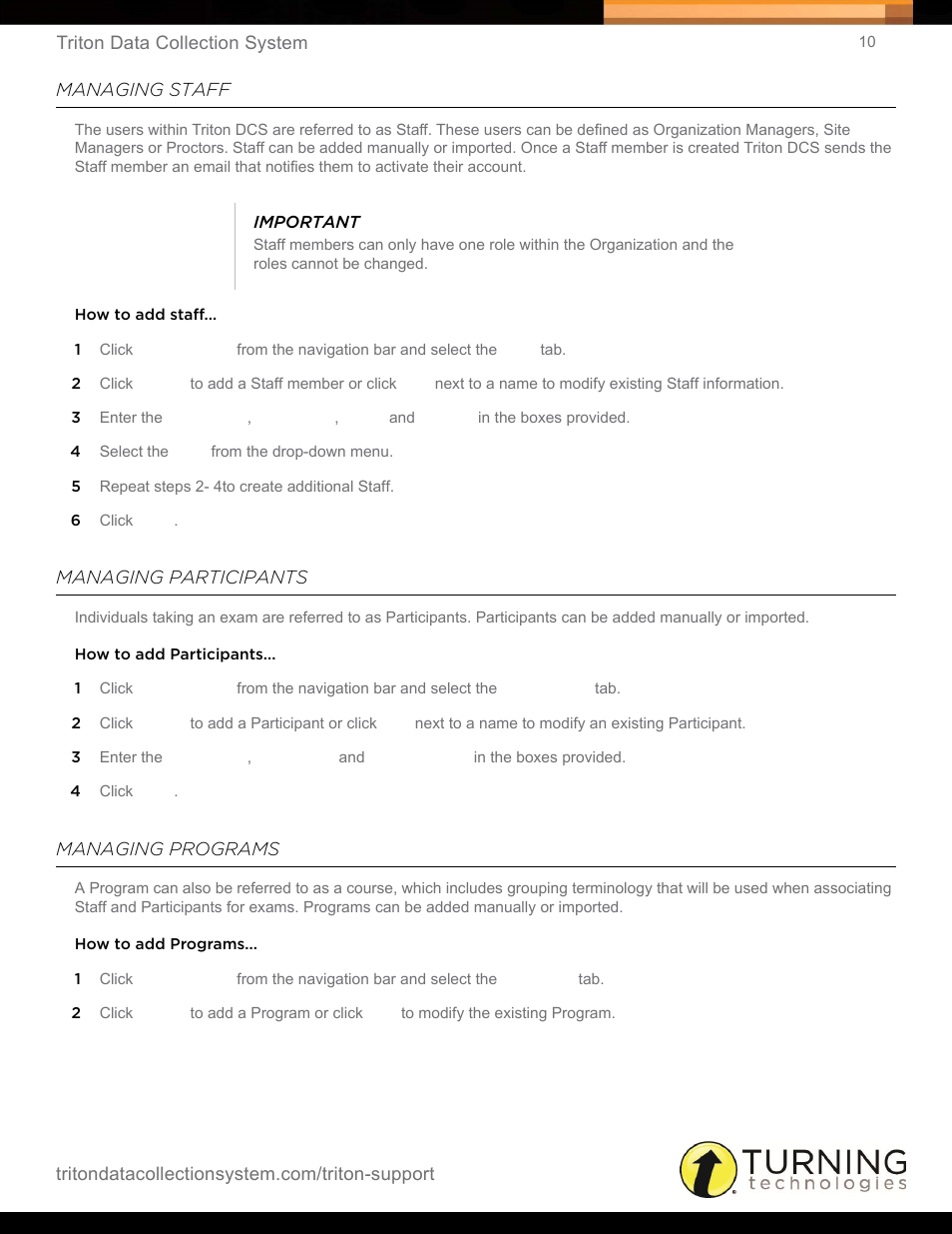 Managing staff, Managing participants, Managing programs | Turning Technologies Triton Web User Manual | Page 12 / 61