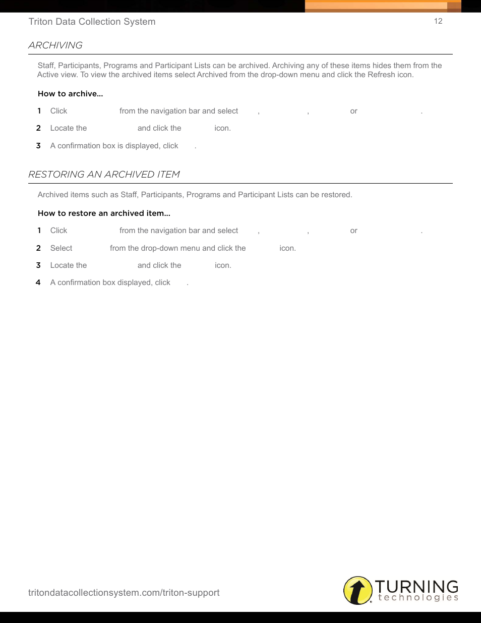 Archiving, Restoring an archived item, Archiving restoring an archived item | Turning Technologies Triton Web User Manual | Page 14 / 61