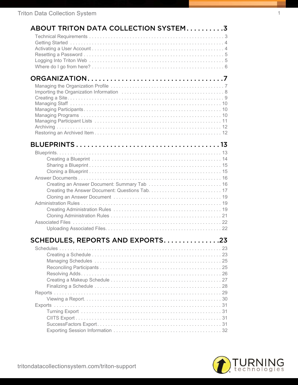 About triton data collection system, Organization, Blueprints | Schedules, reports and exports | Turning Technologies Triton Web User Manual | Page 3 / 61