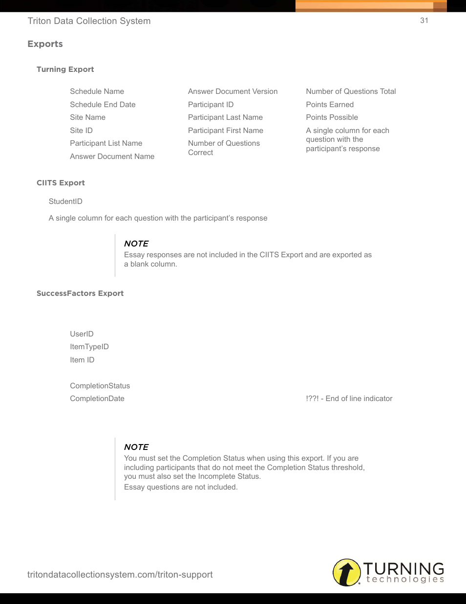 Exports, Turning export, Ciits export | Successfactors export, Turning export ciits export successfactors export | Turning Technologies Triton Web User Manual | Page 33 / 61