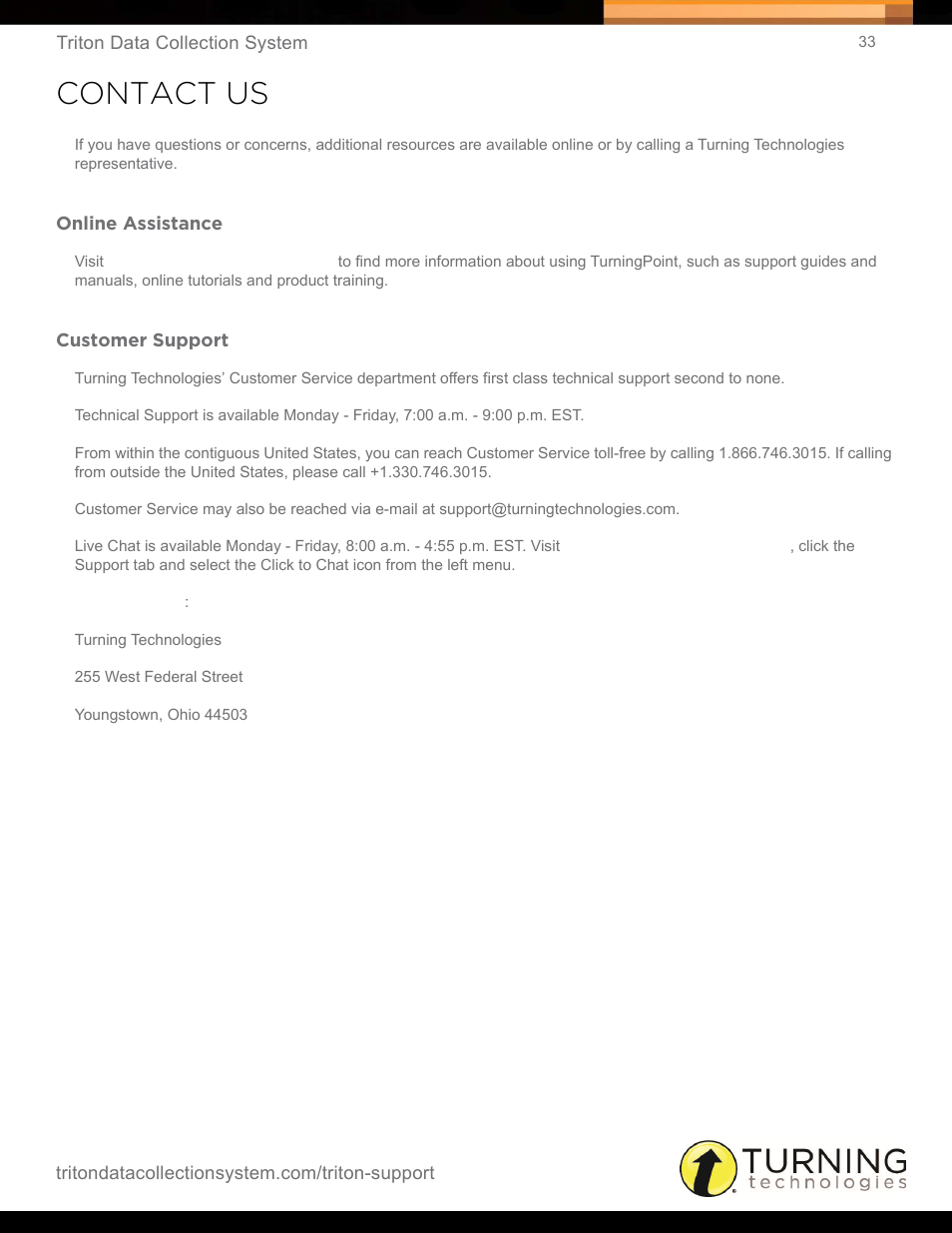 Contact us, Online assistance, Customer support | Online assistance customer support | Turning Technologies Triton Web User Manual | Page 35 / 61