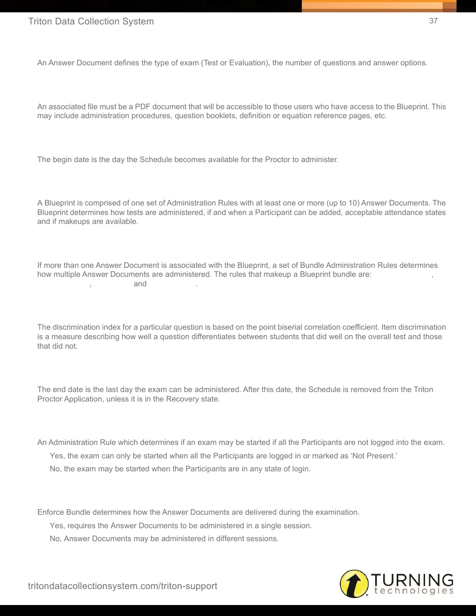 Answer document, Associated file, Begin date | Blueprint, Bundle, Discrimination index, End date, Enforce (attendance), Enforce bundle | Turning Technologies Triton Web User Manual | Page 39 / 61
